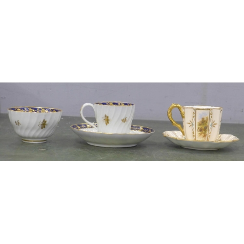 790 - A Flight Worcester Wrythen fluted trio c1790, saucer restored, a Coalport shaped demitasse coffee cu... 