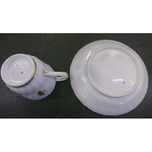 790 - A Flight Worcester Wrythen fluted trio c1790, saucer restored, a Coalport shaped demitasse coffee cu... 