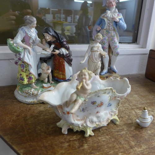 797 - A Derby porcelain figure of a flower seller with old woman and cupid (teapot requires repair), two o... 