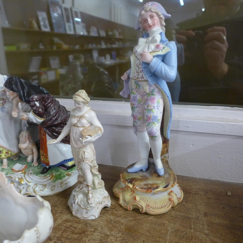 797 - A Derby porcelain figure of a flower seller with old woman and cupid (teapot requires repair), two o... 