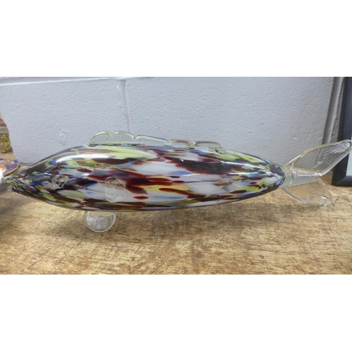 806 - A large glass fish, 53cm length and a Murano glass clown