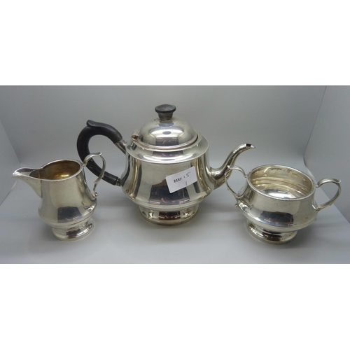 835 - A three piece silver tea service, Birmingham 1938,  by Dennison, 583g