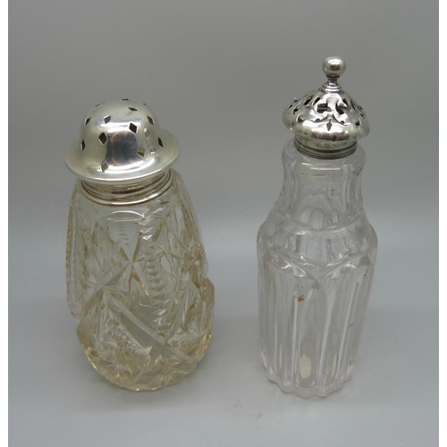 844 - Two silver topped glass shakers, one top a/f