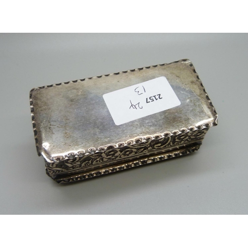 847 - A Victorian rectangular embossed silver box, 81g, 94mm wide, a/f