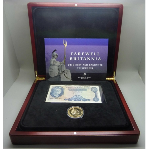 861 - The London Mint, Farewell Britannia 2010 coin and Banknote Tribute set, .958 silver layered with 24 ... 