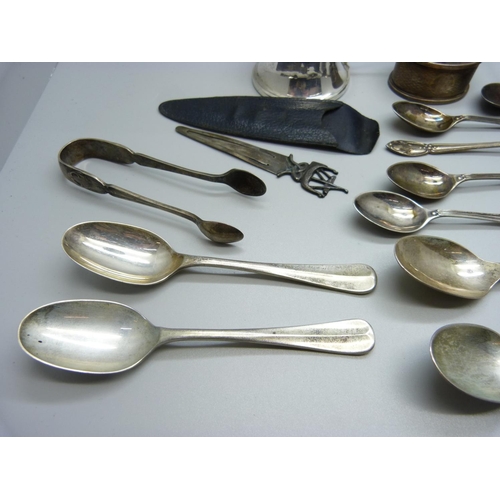 867 - A set of six silver spoons, five other silver spoons, a silver napkin ring, a silver mustard, a pair... 