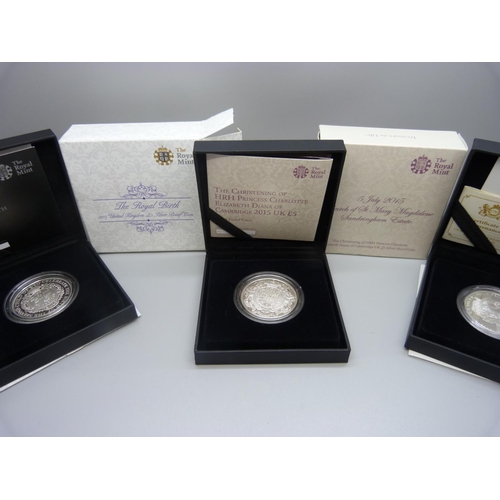 887 - Three Royalty related silver proof coins, The Royal Birth, 2015, The Church of St Mary Magdalene San... 