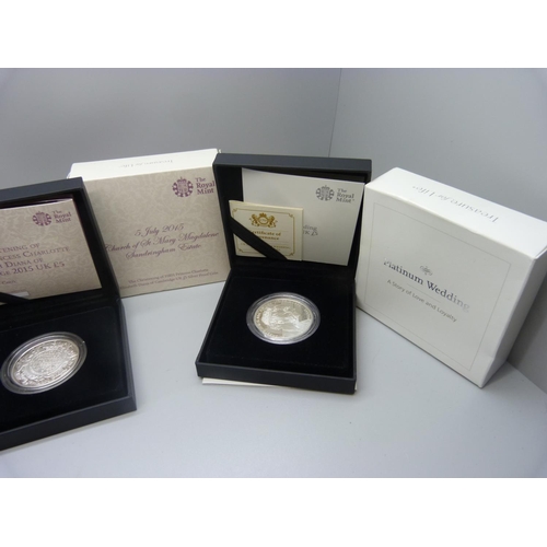 887 - Three Royalty related silver proof coins, The Royal Birth, 2015, The Church of St Mary Magdalene San... 