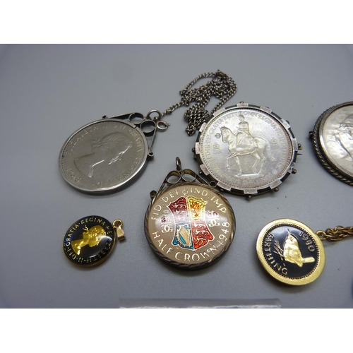 916 - A collection of mounted coin jewellery