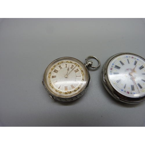 927 - Two 935 silver fob watches and one other fob watch lacking loop