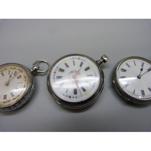 927 - Two 935 silver fob watches and one other fob watch lacking loop