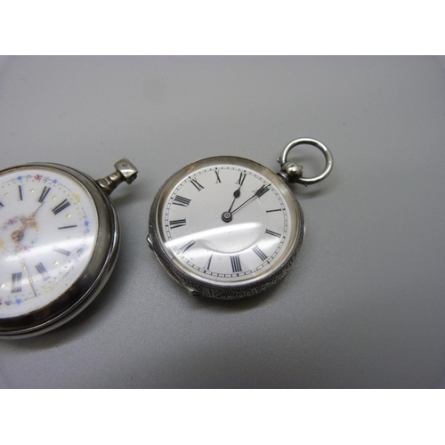 927 - Two 935 silver fob watches and one other fob watch lacking loop