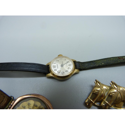 929 - A 9ct gold cased wristwatch, one other watch, a horse brooch and a pair of cufflinks