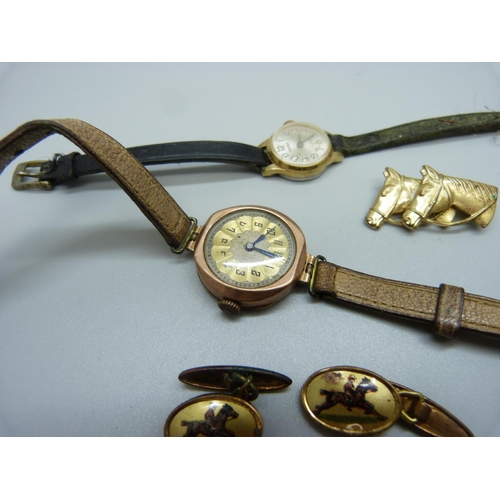 929 - A 9ct gold cased wristwatch, one other watch, a horse brooch and a pair of cufflinks