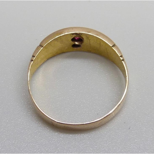 962 - A Victorian 15ct gold, ruby and pearl ring, Birmingham 1892, pearls a/f, 2.3g, N