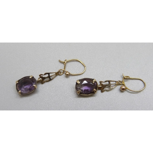 972 - A pair of 9ct gold and amethyst drop earrings, wires marked 9ct, 2g