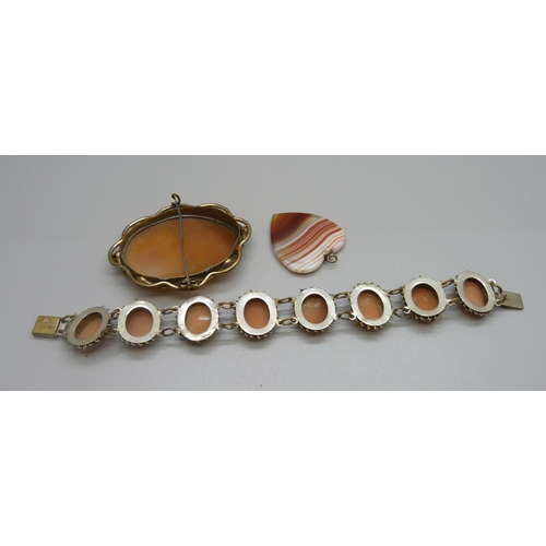 999 - A Victorian cameo brooch, Italian cameo bracelet and agate pendant