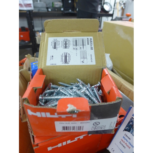 2130 - Approx. 8-10,000 boxed screws, mostly Hilti, unused with large box of plasterboard nails