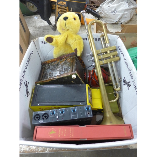 2132 - Box of misc: trumpet, Winnie the Pooh book, Forusrite Saffire Pro-14, Morrisons van and Sooty