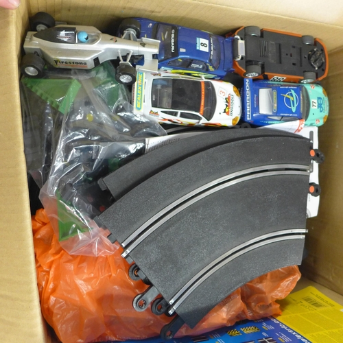 2141 - Box of Scalextric items, mostly track and cars including F1, Rally, etc.