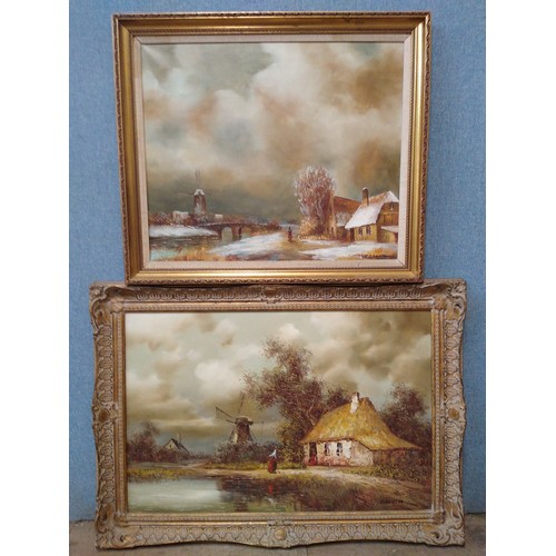 326 - I. Costello, winter scene, oil on canvas, framed and one other