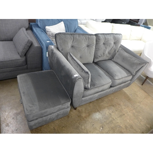 1414A - A pair of Hoxton ash velvet two seater sofas and footstool