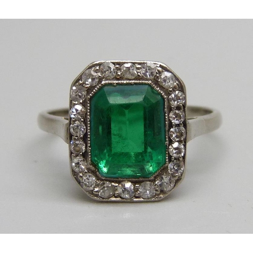 A white metal set Art Deco diamond and green stone ring, green stone a ...