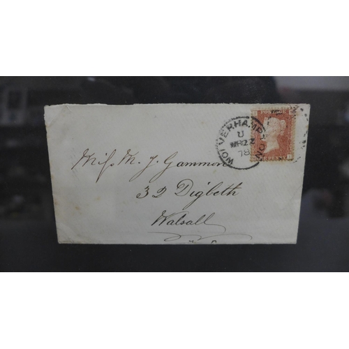 614 - Two framed envelopes with Penny Reds, postmark 1878