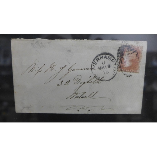 614 - Two framed envelopes with Penny Reds, postmark 1878