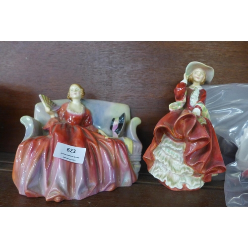 623 - Two Royal Doulton figures, Top o' the Hill and Sweet & Twenty, and one other Lady Charmain, a/f