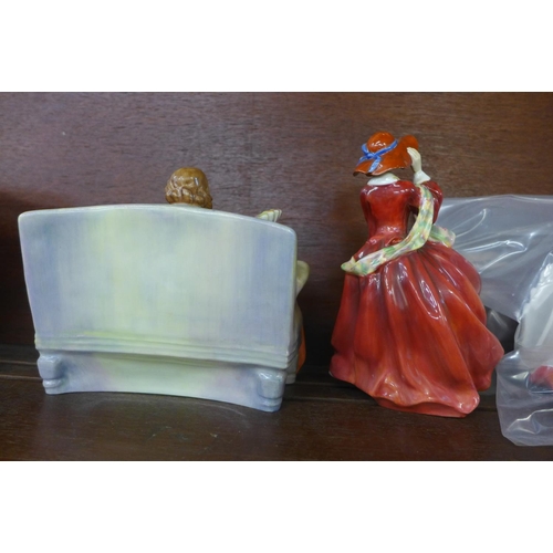 623 - Two Royal Doulton figures, Top o' the Hill and Sweet & Twenty, and one other Lady Charmain, a/f