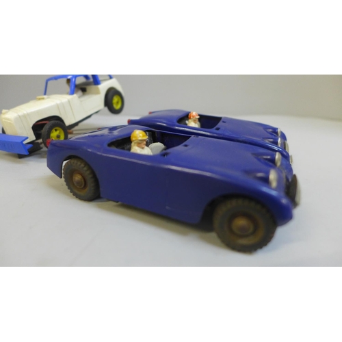 633 - Four Victory Industries slot racing cars, one lacking wheel