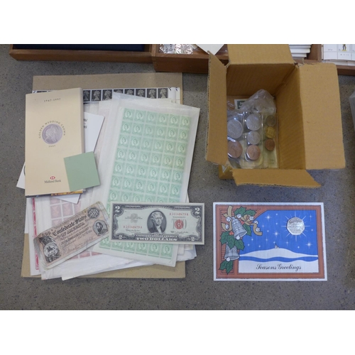 673 - A large collection of loose stamps, many pre-decimal uncut sheets, foreign currency, commemorative £... 