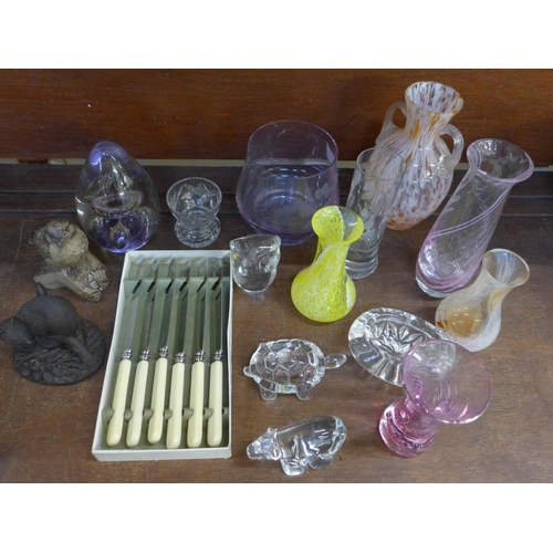 687 - A collection of glassware including Caithness, a paperweight, vases, a cased set of knives, etc.