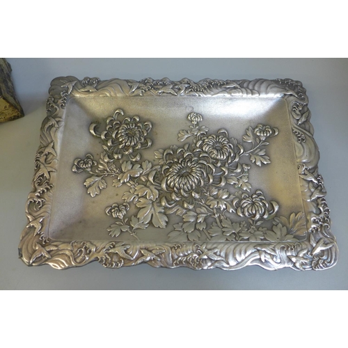 697 - An oriental plated embossed tray and jewellery box both decorated with crysanthemums