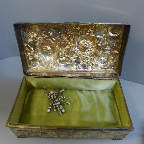 697 - An oriental plated embossed tray and jewellery box both decorated with crysanthemums