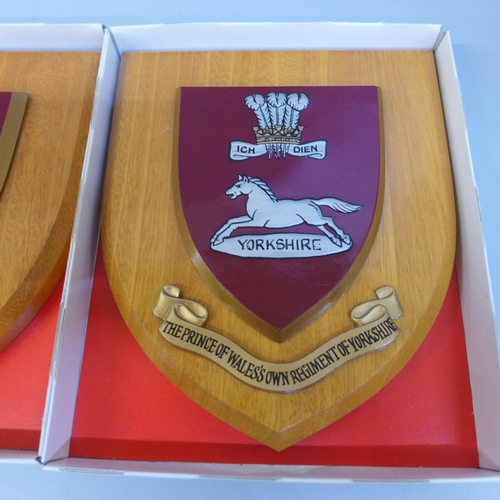 716 - Three Heraldic hand painted shields, boxed