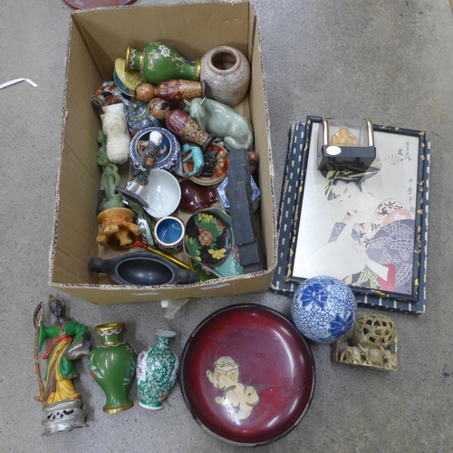 732 - A box of mixed oriental items; cloisonne vases, soapstone carving, prints, etc.