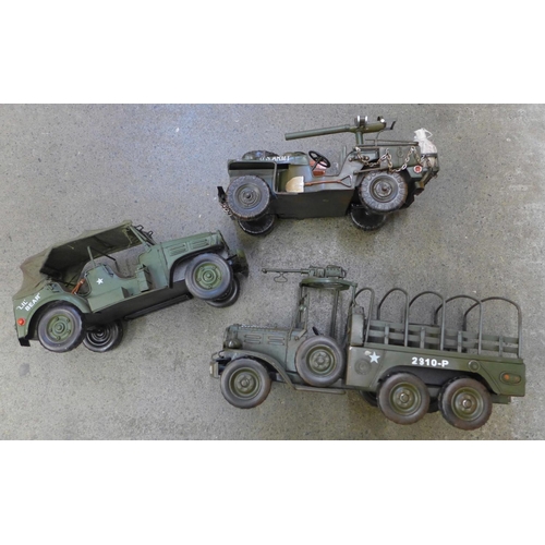 735 - Three tin plate large scale Army vehicles