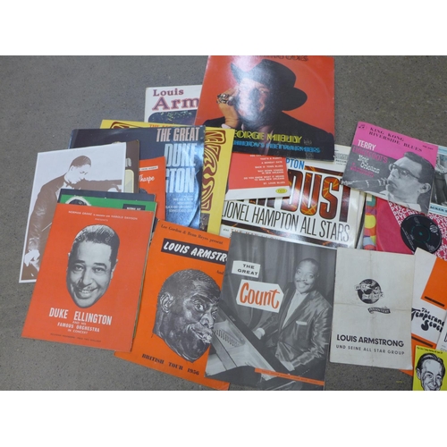 736 - Music memorabilia; jazz albums, EP's and singles together with tour programmes for Count Basie, Duke... 