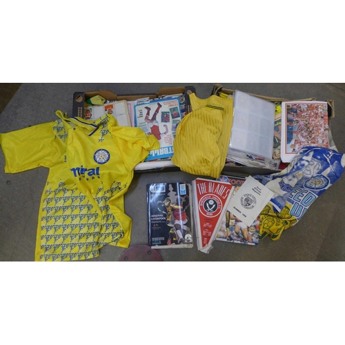 748 - Two boxes of vintage football memorabilia, 1960's to 1990's including shirts, Panini albums, books, ... 