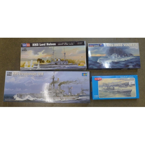 753 - Four WWI era model ship kits, Trumpeter, Hobby Boss, Showcase Models and Mikr Mir