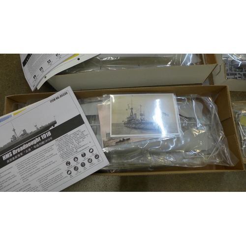 753 - Four WWI era model ship kits, Trumpeter, Hobby Boss, Showcase Models and Mikr Mir