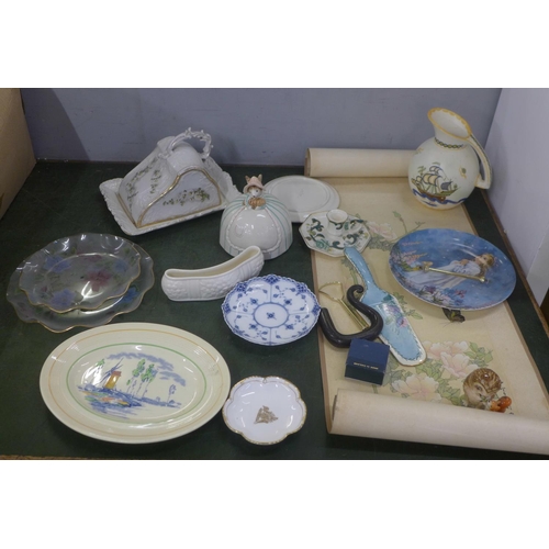 787 - A collection of mixed china including Beatrix Potter 'Old Mr Brown' figure, and a Chinese print