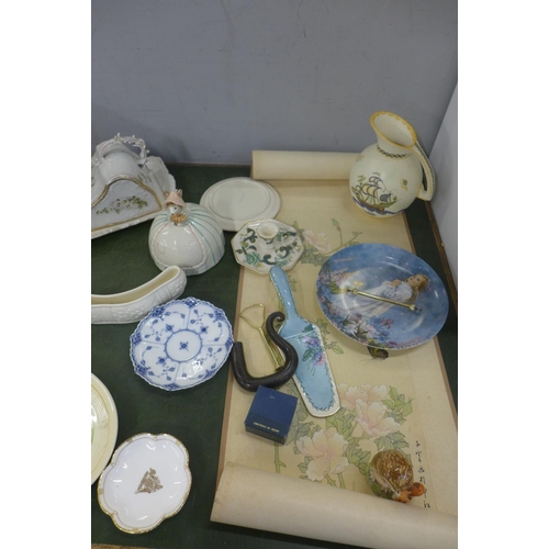 787 - A collection of mixed china including Beatrix Potter 'Old Mr Brown' figure, and a Chinese print