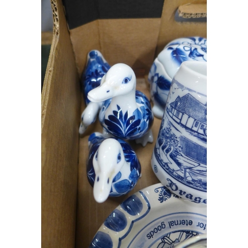 791 - A collection of blue and white china including Delft, and a model of a border collie etc.