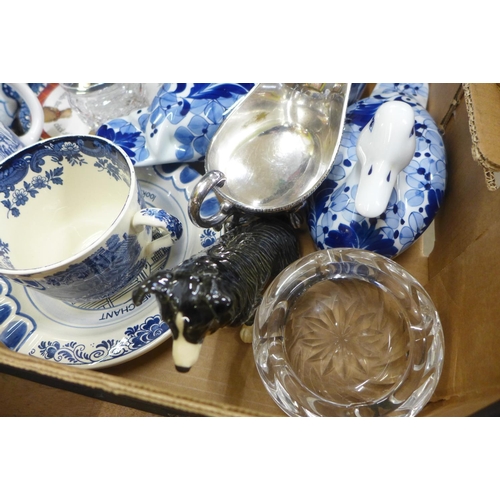 791 - A collection of blue and white china including Delft, and a model of a border collie etc.