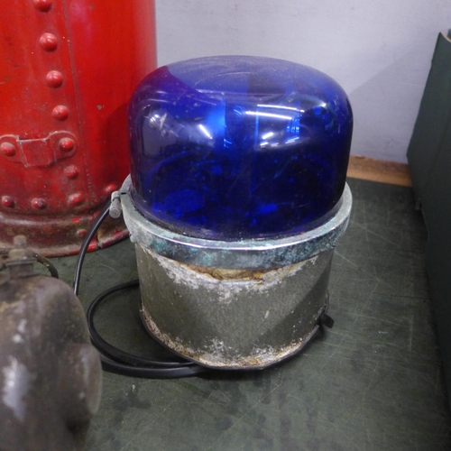 795 - A vintage fire extinguisher (water), a blue flashing emergency light and a set of air horns