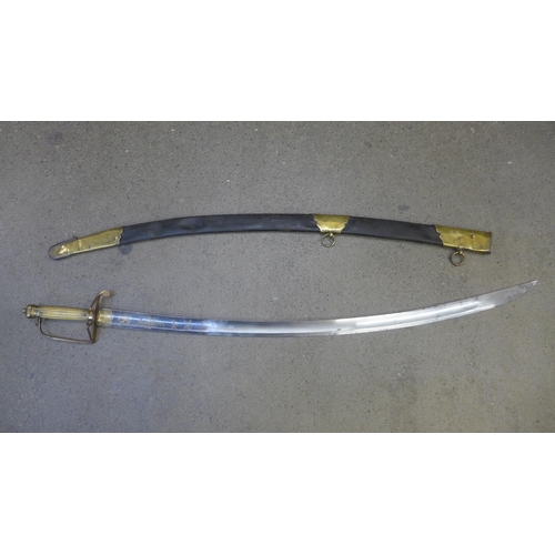 819 - A George III Officer's sword, possibly Naval, ivory grip, brass guard, etched curved blade, with bra... 