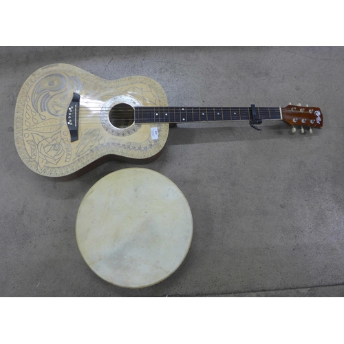 827 - A Power Play guitar and a cased Bodhran drum